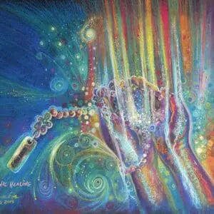 A surreal, colorful hand with a bracelet reaching out amidst swirling, vibrant patterns.