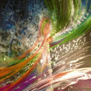 Colorful abstract painting with swirling strokes and vibrant texture.