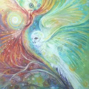 A colorful abstract painting of two intertwined ethereal figures.