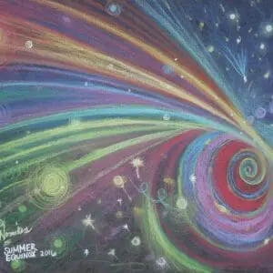 Colorful cosmic swirl with stars and planets in space.