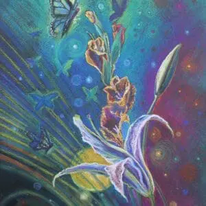 A surreal, cosmic scene with hands reaching out amidst vibrant colors and abstract shapes.