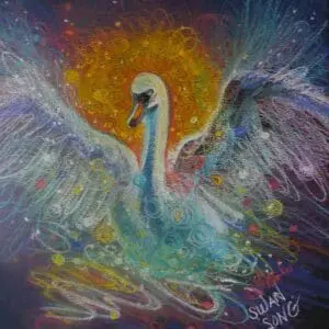 A majestic swan with radiant wings glowing in vibrant colors.