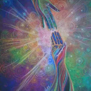 Two ethereal hands reaching out amid vibrant cosmic light and energy.