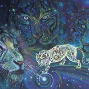 A mystical cosmic scene with tigers and a glowing leopard under a starry sky.