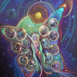 A colorful butterfly with human faces in its wings against a cosmic background.