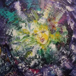 Abstract painting of a face surrounded by swirling colors and textures.