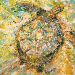 Abstract painting of a turtle swimming with vibrant colors.