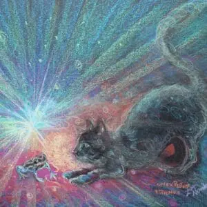 A mystical black cat surrounded by vibrant cosmic colors and light.
