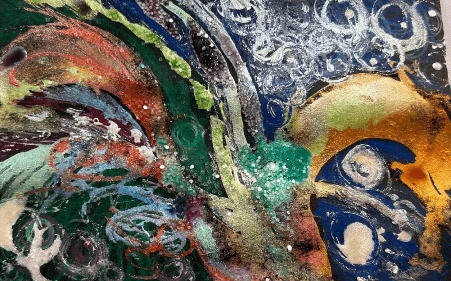 Abstract painting with swirling colors and textures.