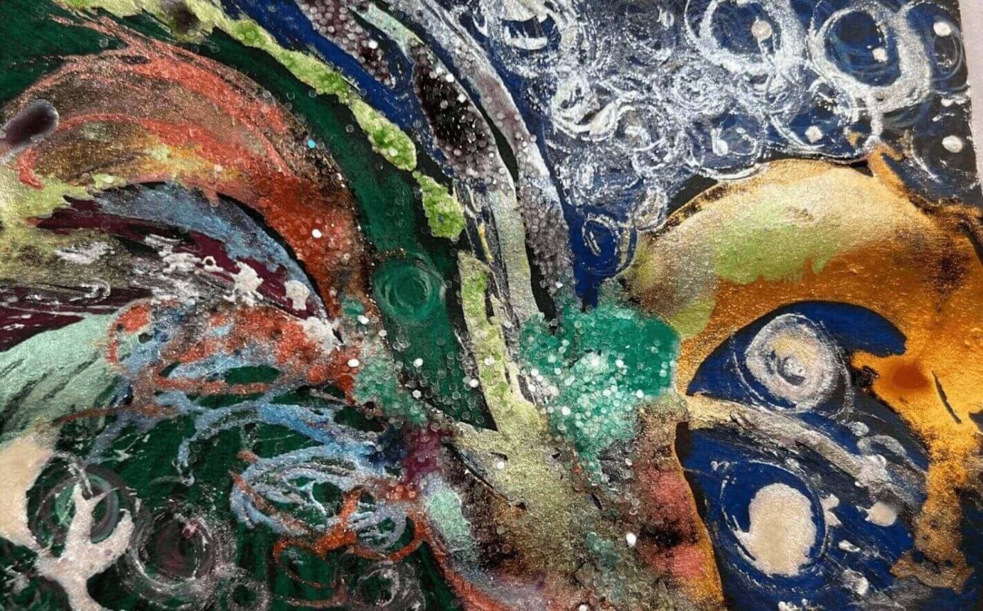 Abstract colorful painting with swirling patterns and textures.