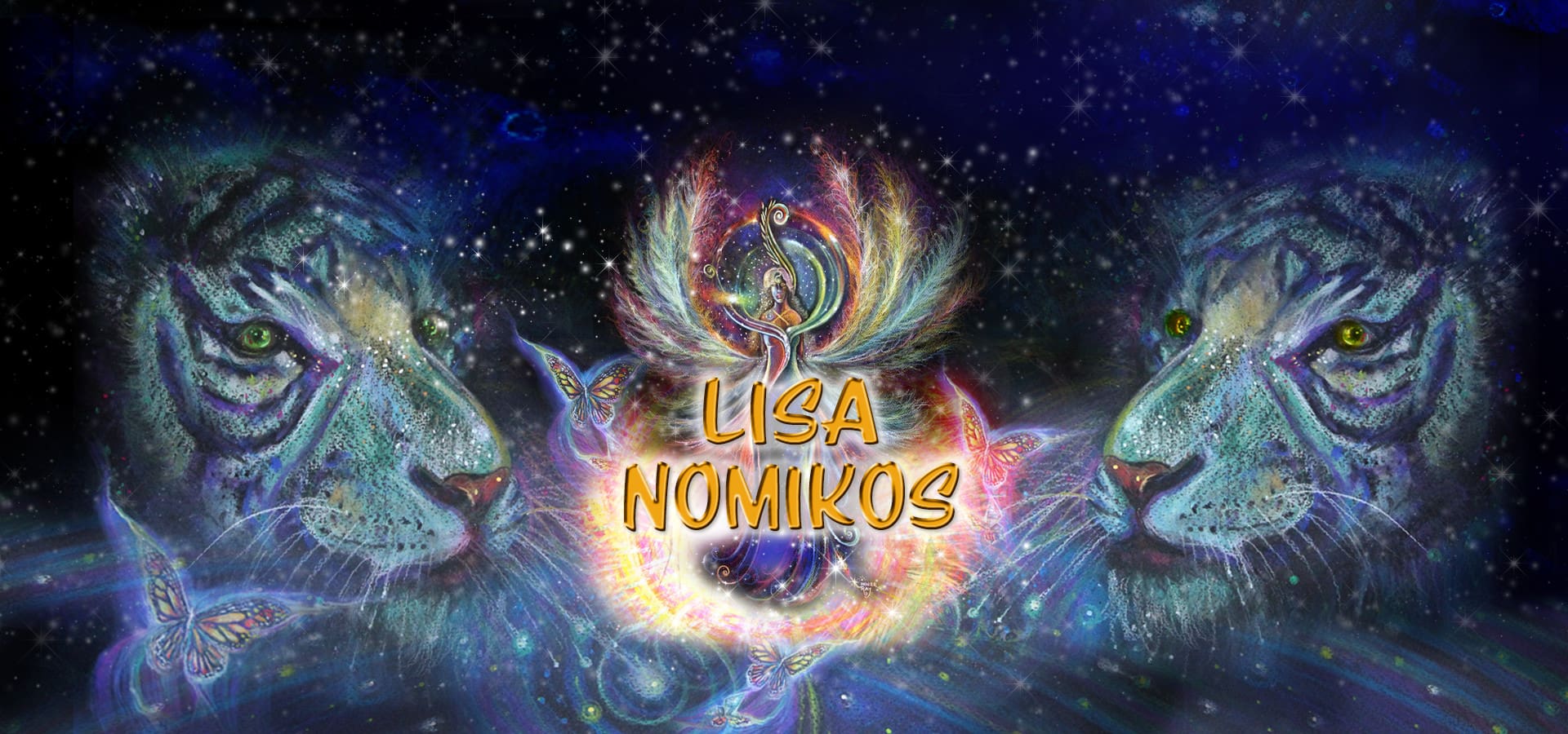 Banner artwork with the name Lisa Nomikos, visionary artist and creator of Gathering Visions