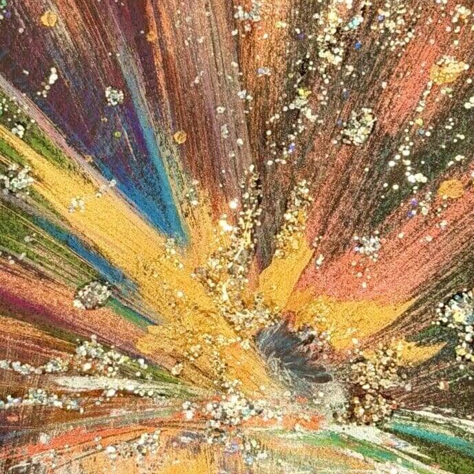 Abstract colorful explosion with glitter accents.