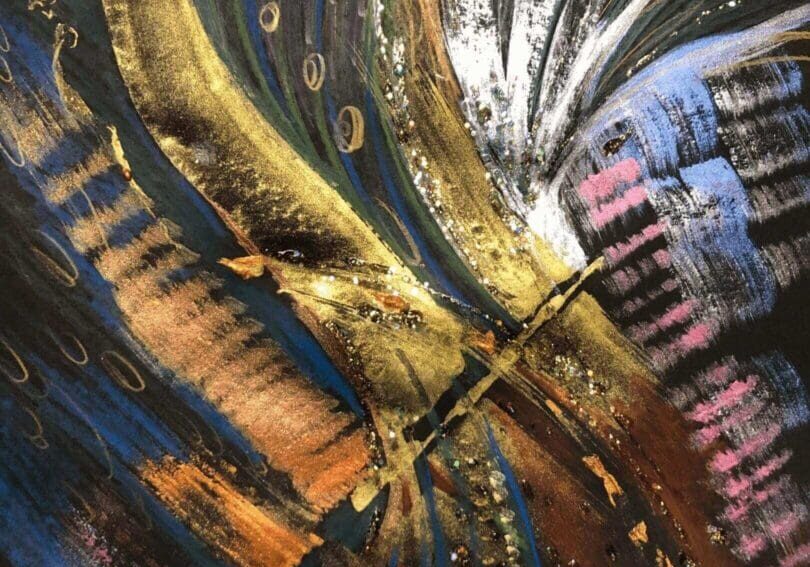 Abstract artwork with swirling patterns and vibrant colors.