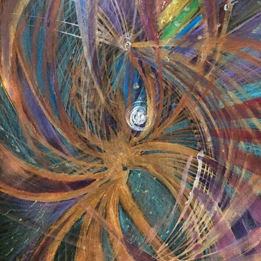 Abstract vortex with swirling brown and colorful streaks converging at a bright center.