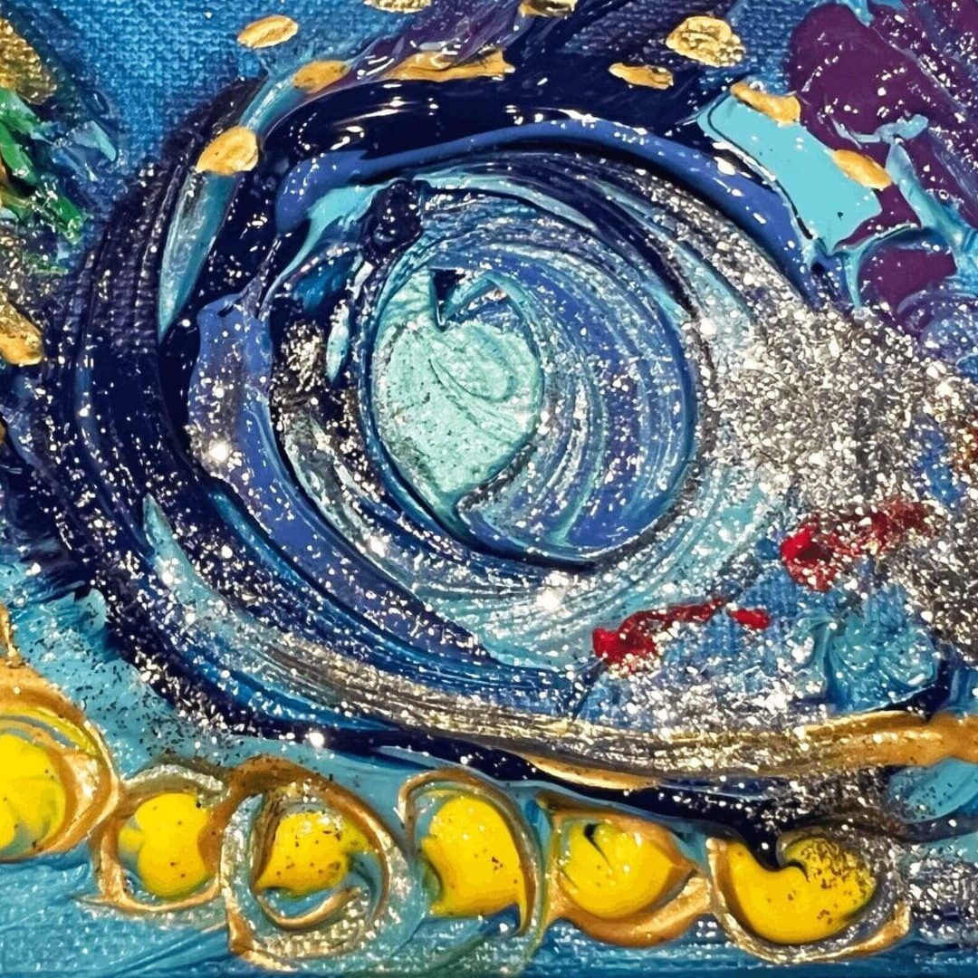 Abstract swirling blue and yellow pattern with textured silver accents.