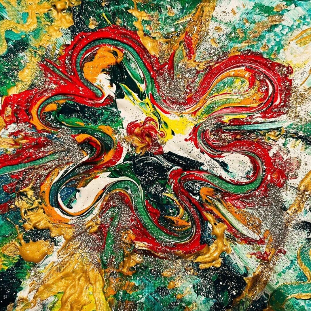 Abstract swirl of vibrant colors creating a dynamic floral-like pattern.