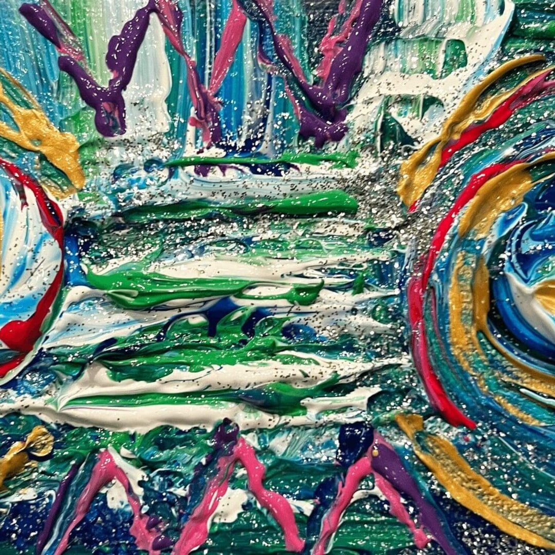 Abstract painting with vibrant swirls and zigzag patterns.