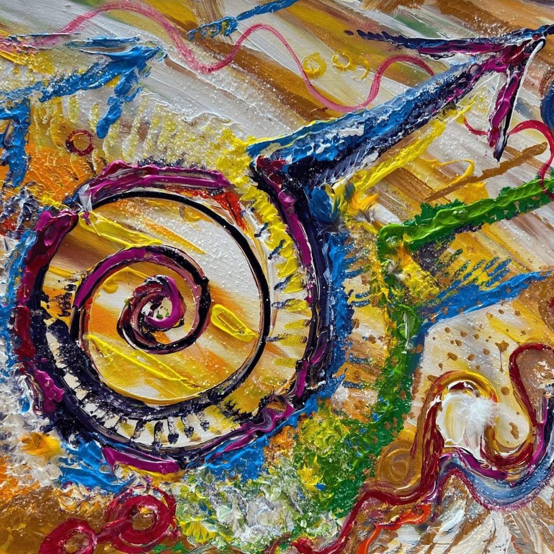 Colorful spiral abstract painting with vibrant brush strokes.