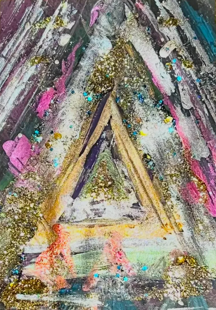 Abstract painting with colorful triangular patterns.